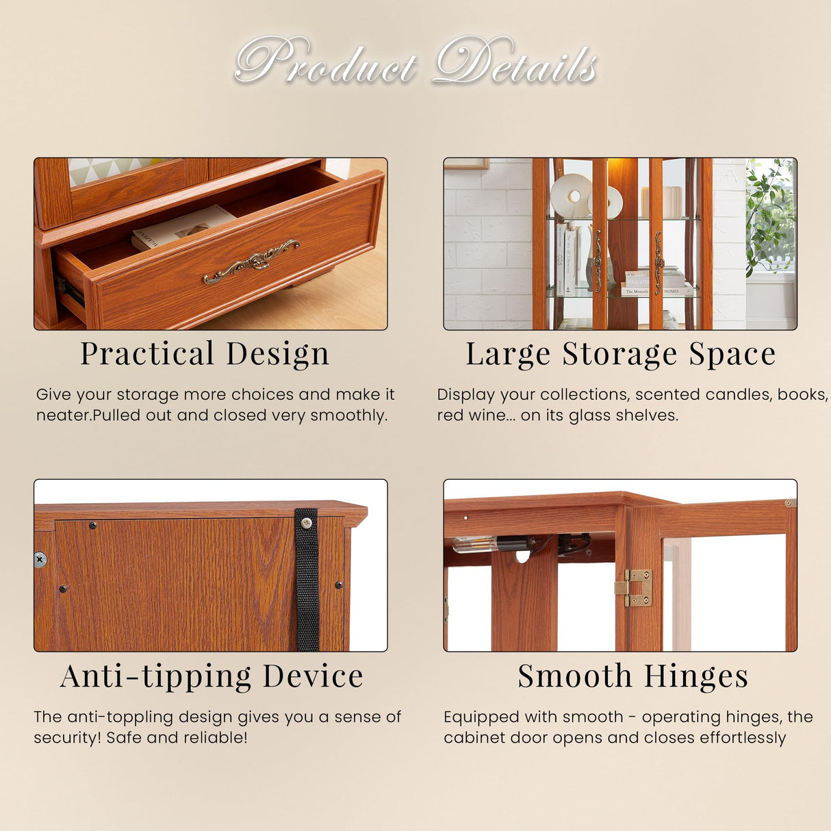 Eyisean Lighted Curio Cabinet 47" H China Cabinet with Tempered Glass Doors, 3-Tier Adjustable Shelves and Acrylic Mirrored Back Pane, Glass Display Cabinet for Living Room (Dark Oak) Eyisean