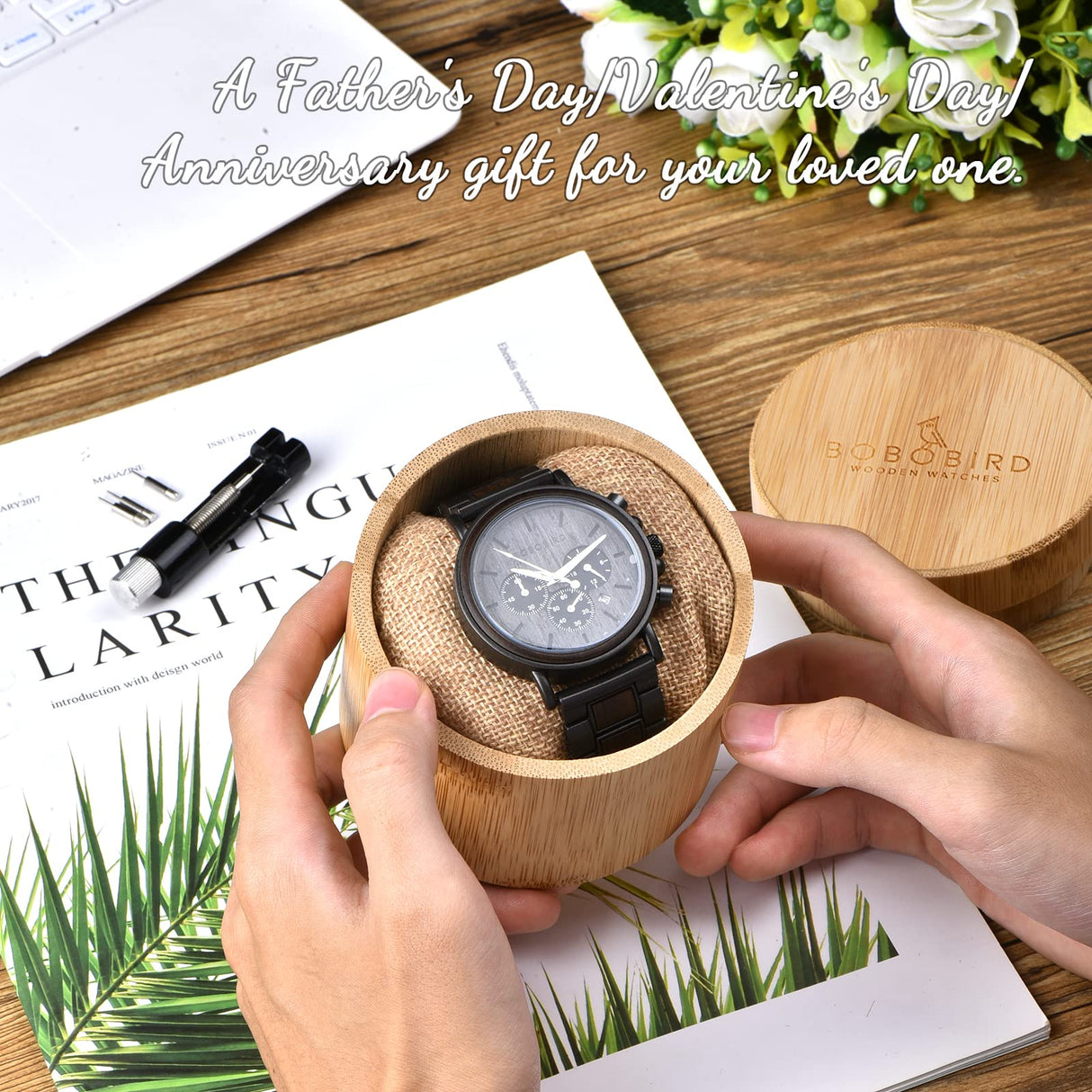 BOBO BIRD Mens Wooden Watches Business Casual Wristwatches Stylish Ebony Wood & Stainless Steel Combined Chronograph BOBO BIRD