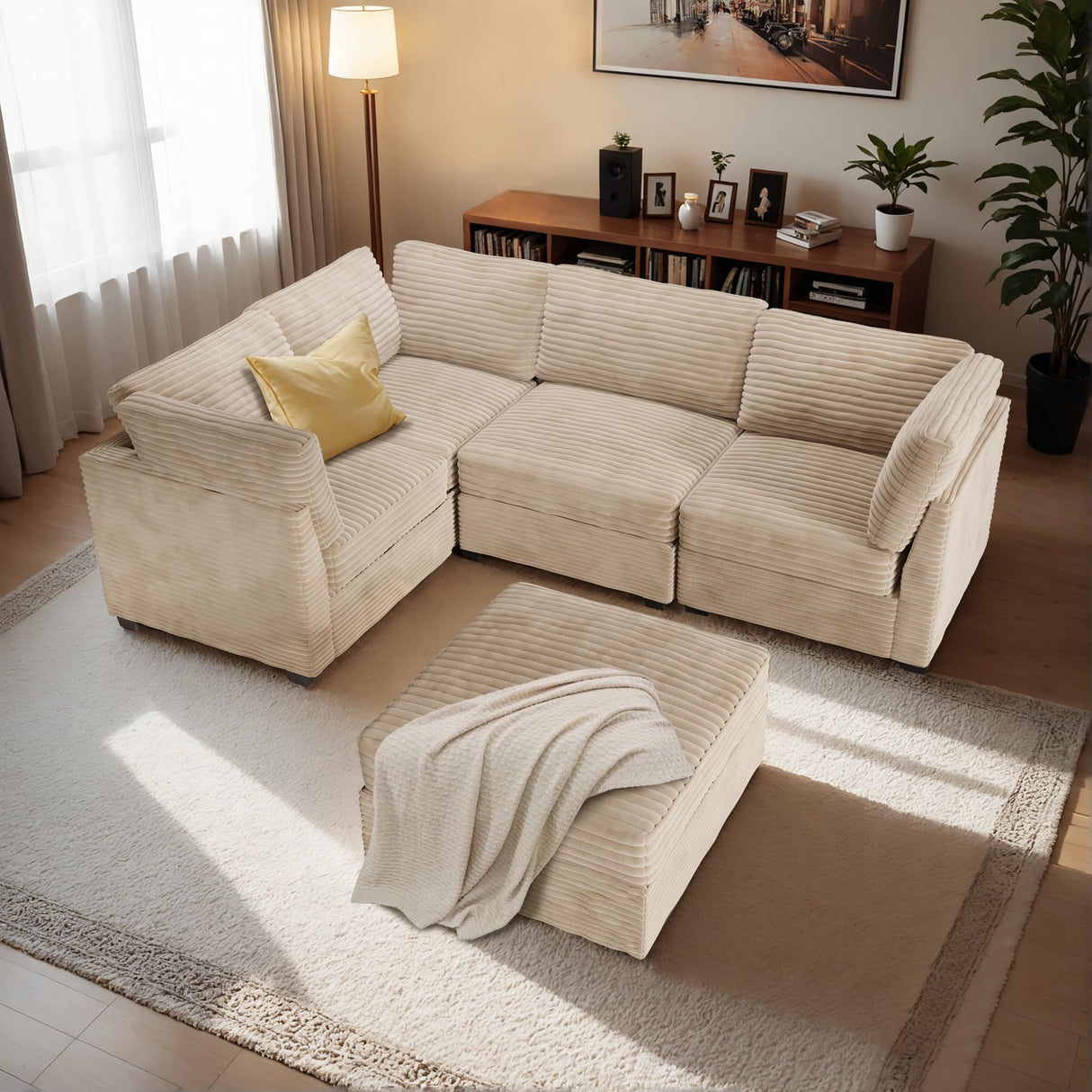 CAODOC Modular Sectional Sofa with Chaise, U-Shaped 5-Seater Cloud Couch for Living Room, Plush Corduroy Fabric, Includes Movable Ottoman, Beige CAODOC