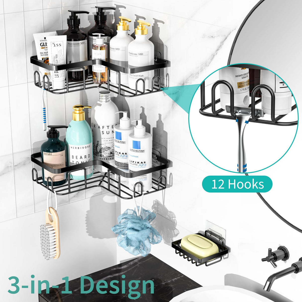 Moforoco Adhesive Corner Shower Caddy, 3 Pack Organizer Shelf with Soap Holder and 12 Hooks, Shelves Rustproof for Bathroom, Storage Basket Bathroom Accessories(Black) Moforoco