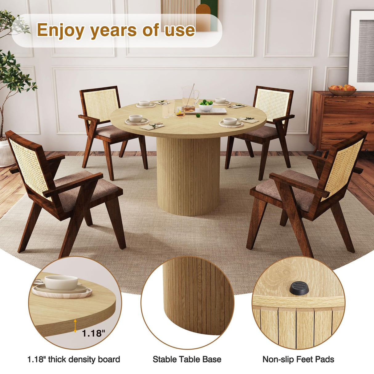 47 Inch Round Dining Table, Farmhouse Fluted Dining Kitchen Table, Modern Wood Small Circle Dining Table for Kitchen Living Room, Natural PHOYAL