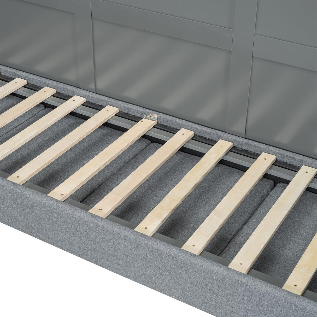 Linique Queen Size Murphy Bed with Sofa and Top Shelf, Horizontal Wall Bed, Versatile Convertible Wooden Bed Frame, Grey Linique