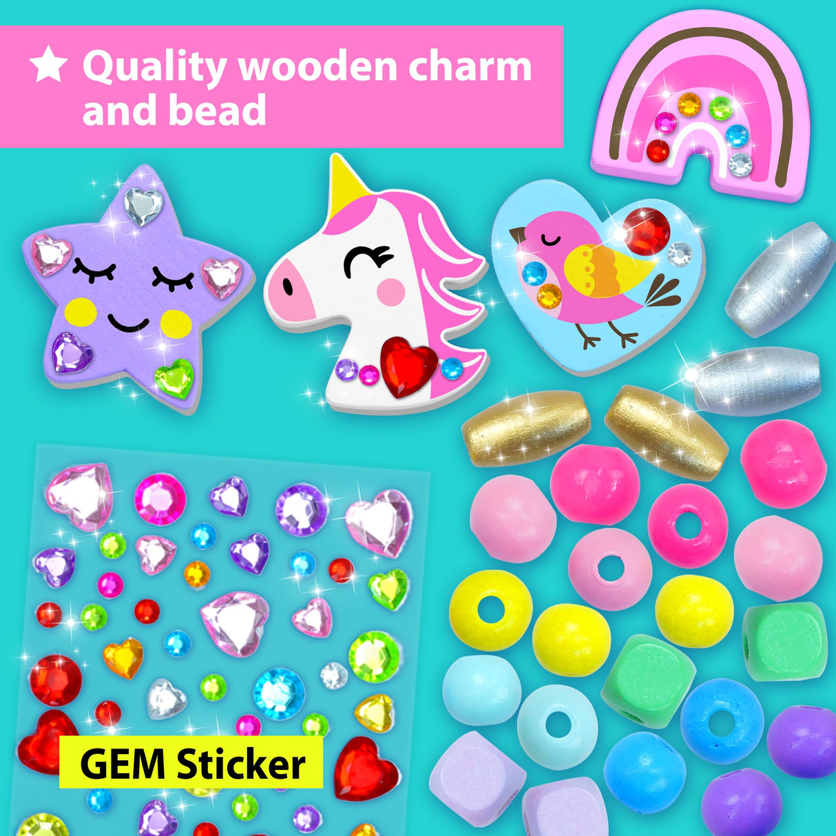 KRAFUN Unicorn Bracelet Craft Kit for Kids, Premium Wooden Beads, 14 Easy DIY Friendship Bracelets, Charms, Gem Stickers, Instructions, Gift for Girls KRAFUN