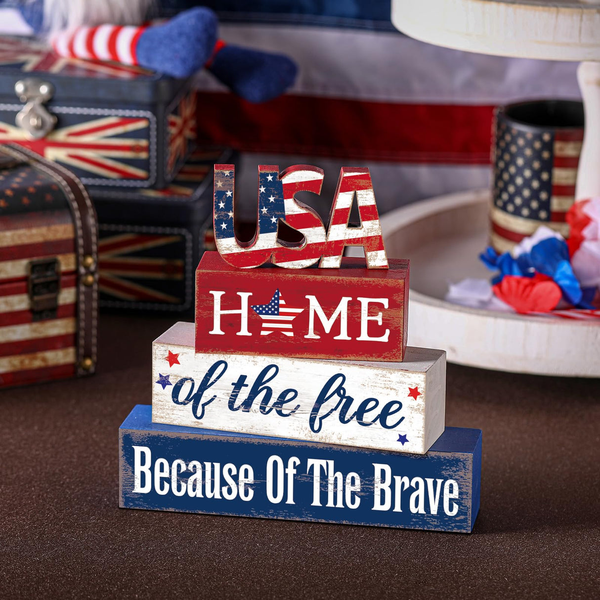 Huquary 4 Pcs Farmhouse 4th of July Patriotic Table Sign Independence Day Table Wood Decorations Patriotic Themed Rustic Farmhouse Wood Block Sign for Party Home Desk (Stylish) Huquary