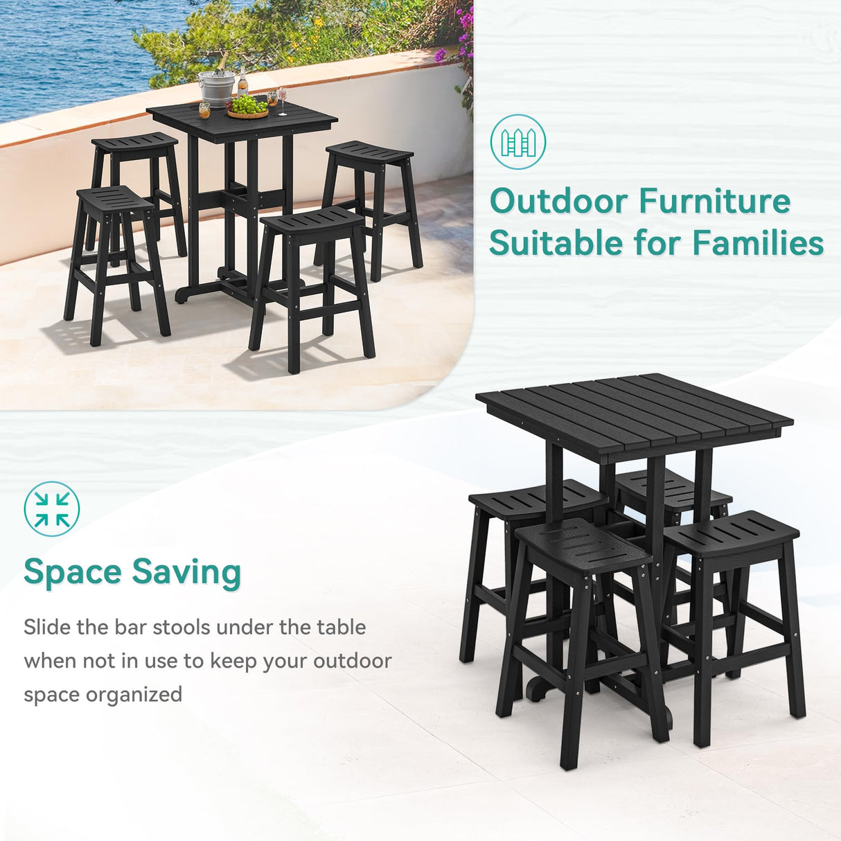 Homenjoy 37.5" H Outdoor Bar Table,HDPE Bar Height Table with Weather Resistant Top, Square Outdoor Patio Table, Black Homenjoy