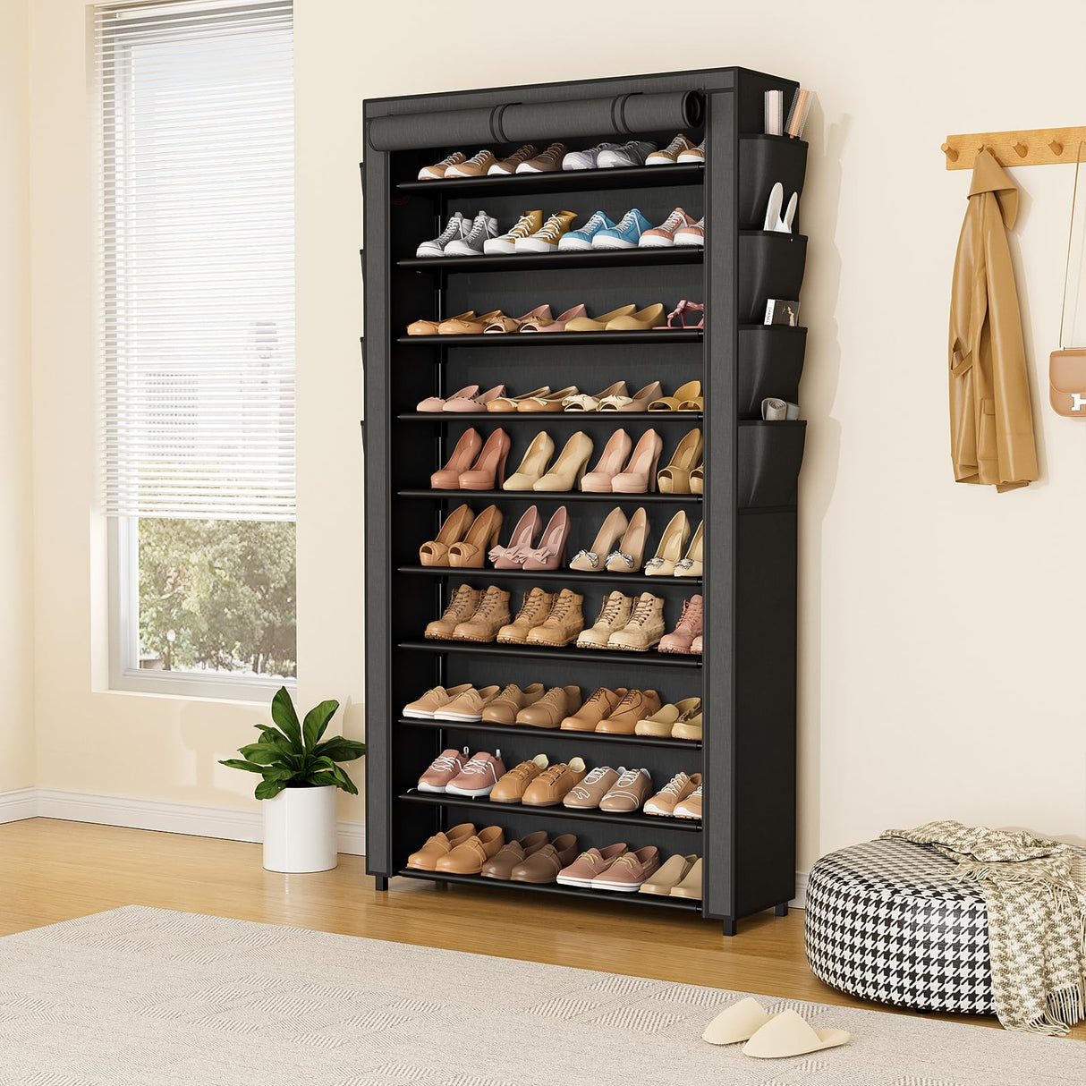 VTRIN Tall Shoe Rack with Cover, 10 Tier Shoe Organizer Storage for 50-55 Pairs Shoes and Boots Large Capacity Shoe Shelf with 8 Pockets Free Standing Shoe Rack for Closet, Entryway, Garage VTRIN