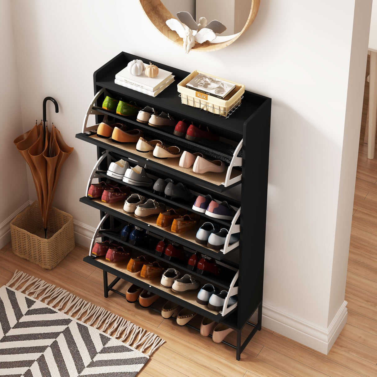 AVZEAR Shoes Cabinet, Narrow Shoes Storage Cabinet with 3 Flip Drawers, Free Standing Shoe Racks Organizer Farmhouse Tipping Bucket with Blackboard, Shoes Cabinet Storage Entryway Hallway, Black AVZEAR