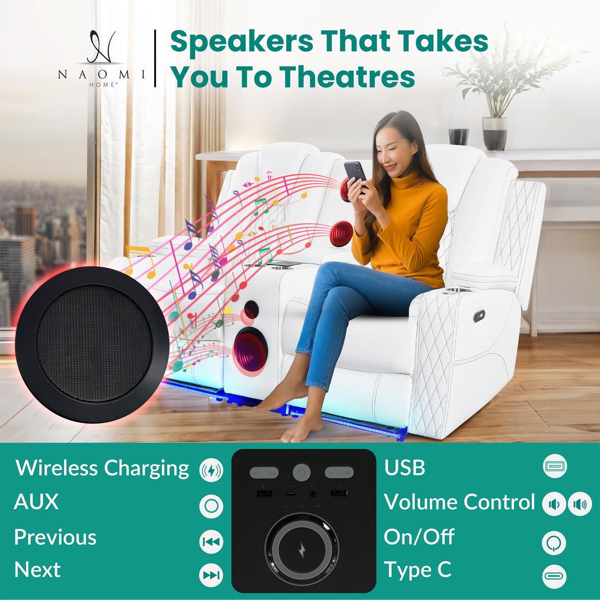 Home Theater Seating, Gaming Chairs for Adults, Wireless Charging Movie Theater Chairs, Power Recline Loveseat with 6 Cup Holders and Tray, Powerful in-Built Speaker, USB Ports, Air Leather – White Naomi Home