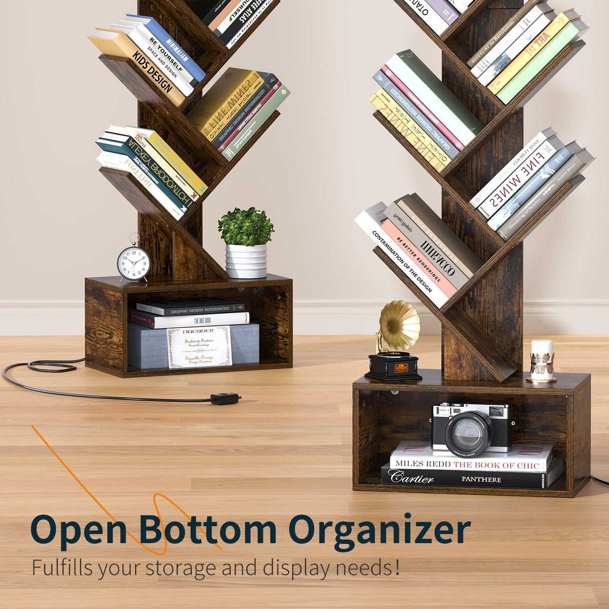 Yoobure Tree Bookshelf with LED Light, 6 Tier Book Shelf, Small Bookcase Narrow Bookshelves with Storage, Wood Book Case Organizer for CDs/Books, Floor-Standing Rack for Bedroom, Office, Rustic Brown Yoobure