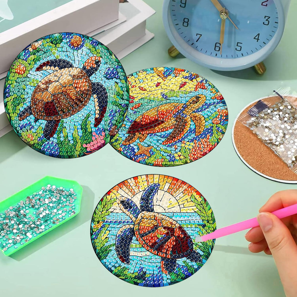 8 Pieces Diamond Art Painting Coasters Kit, Sea Turtle Diamond Art Coaster, DIY Diamonds Craft Kits for Adults and Beginners (Turtle Style) croshom