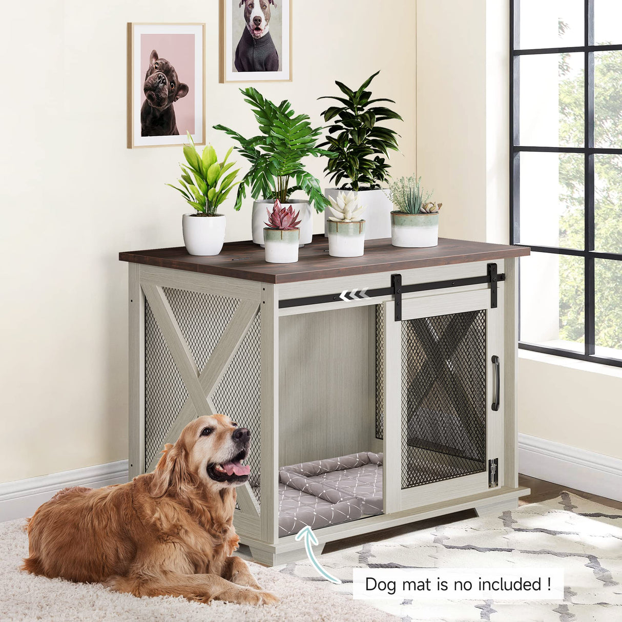 GAOMON 37'' Sliding Barn Door Dog Crate Furniture with Flip Top and Movable Divider, Wooden Dog Crate Table, Dog Kennel Side End Table, Furniture Style Large Dog House, White GAOMON