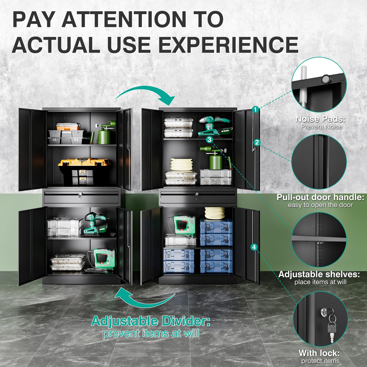 SISESOL Metal Garage Storage Cabinet with Doors and Shelves, 71" Multifunctional Garage Storage Closet Large Garage Locker with Adjustable Shelves & Locking Doors Steel Storage Tall Cabinet SISESOL