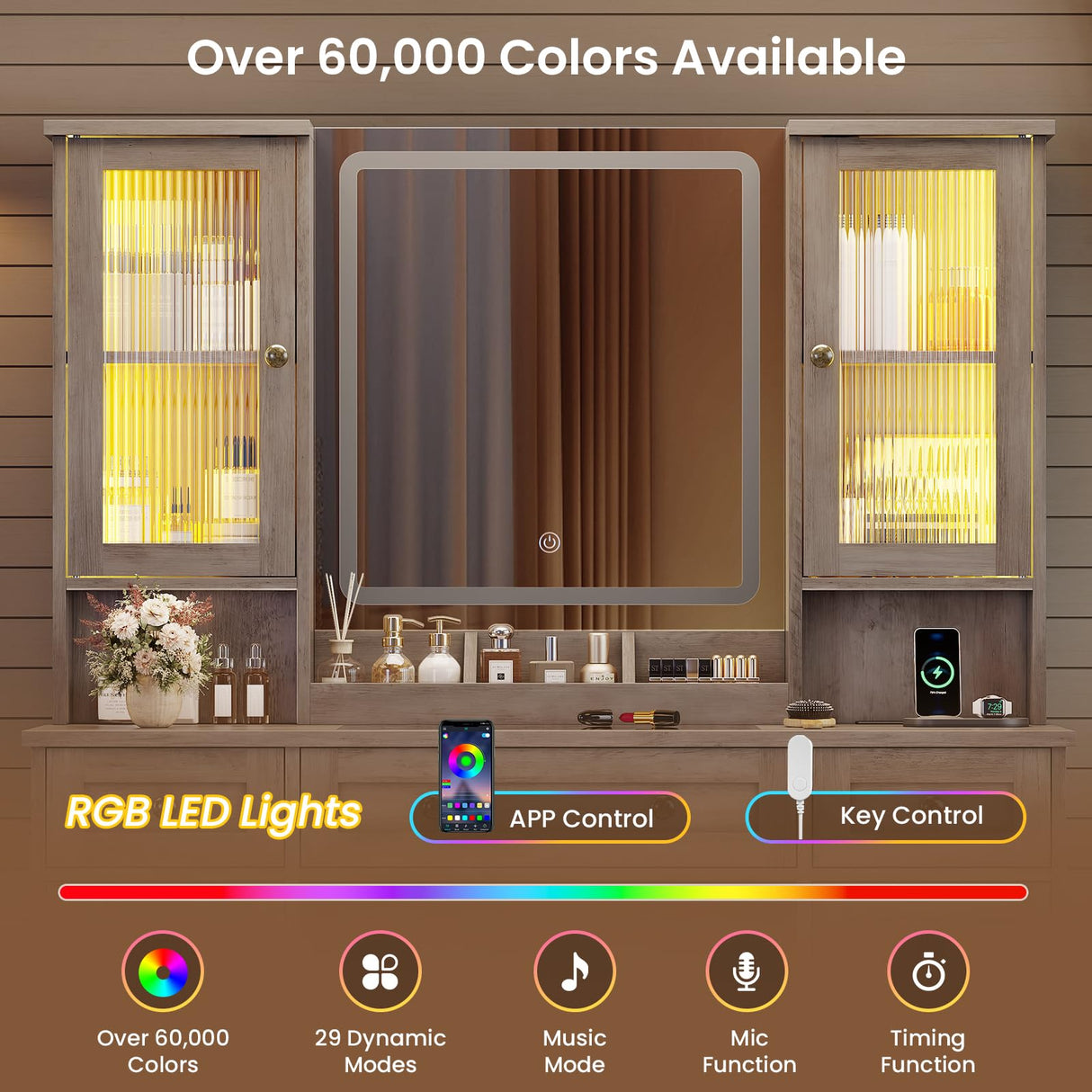 MSmask Vanity Desk with LED Mirror & 3 Color Modes, Large Makeup Vanity with 2 RGB Lights Cabinets, Glass Top Vanity Table with 5 Drawers & Power Outlet, Farmhouse Vanity, Grey MSmask