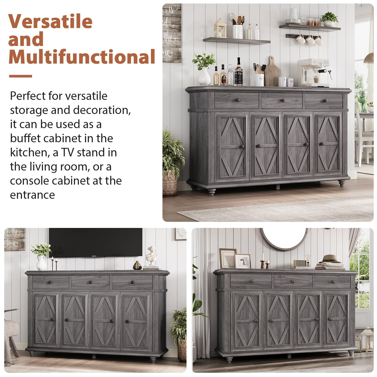 Farmhouse Buffet Cabinet with Storage, Sideboard Cabinet, Buffet Cabinet, Sideboard Buffet Cabinet with Storage, Large Wood Accent Storage Cabinet with Doors and Shelves for Entryway Living Room Jocoevol