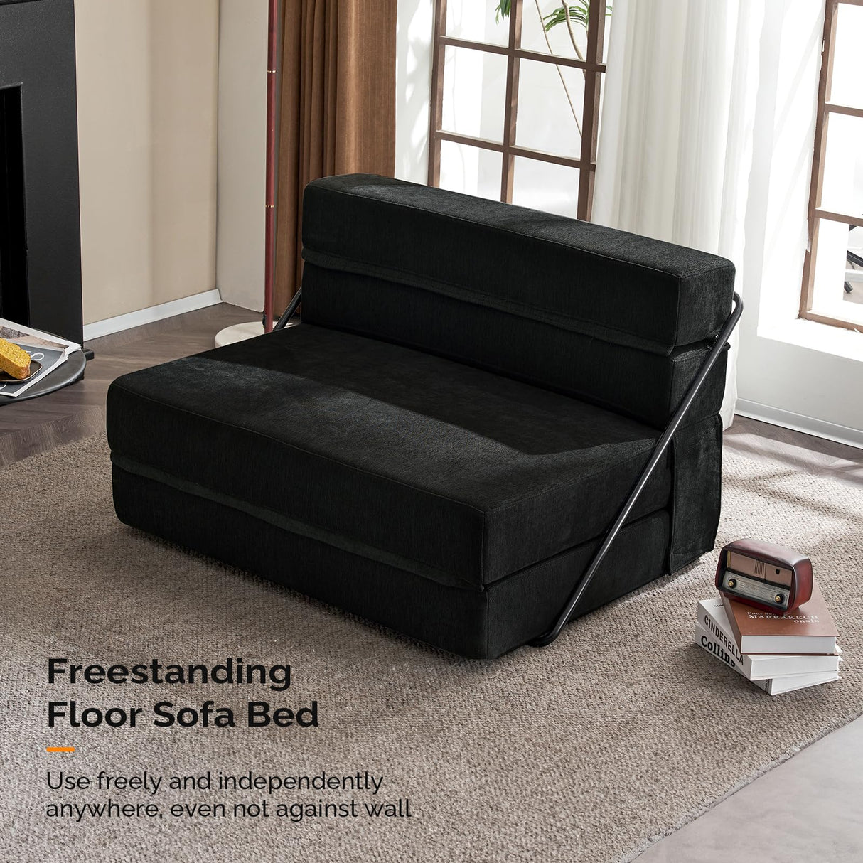 VINGLI Futon Sofa Bed Black Sleeper Sofa Chair Bed Floor Sofa Twin Small Couch Folding Mattress Couches for Living Room Floor Chair Freestanding RV Futon Couch for Indoor and Outdoor VINGLI