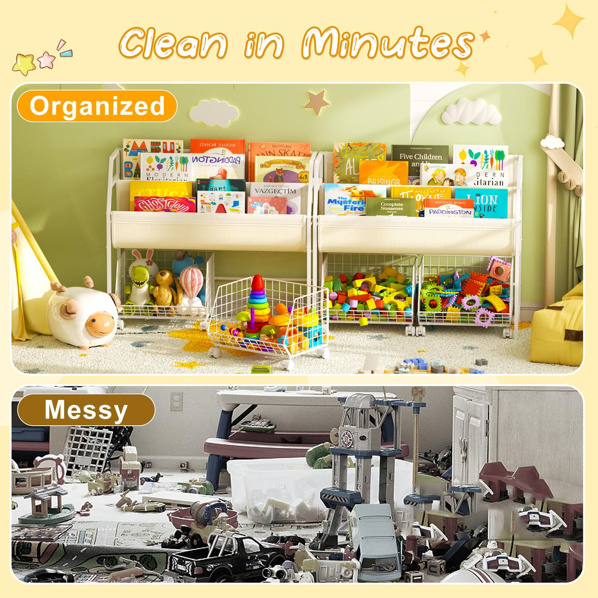 Kids Bookshelf and Toy Storage with 2 Lockable Rolling Baskets – Small Book Shelf for Kids Rooms, Montessori Children Toddler Bookshelf for Nursery, Playroom, Bedroom, Holds Up to 20 Books & Toys koozuuyk