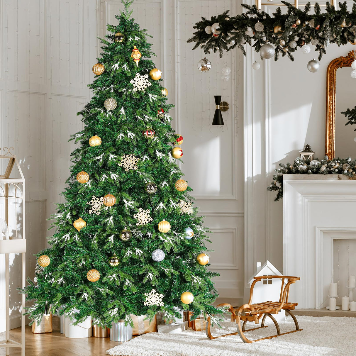 Arlopu 8ft PE&PVC Prelit Christmas Tree, Artificial Spruce Tree with 400 Warm White Lights, 1312 Branch Tips, Ice Crystal, Metal Hinges and Foldable Stand for Home,Party,Store,Holiday, Decor Arlopu