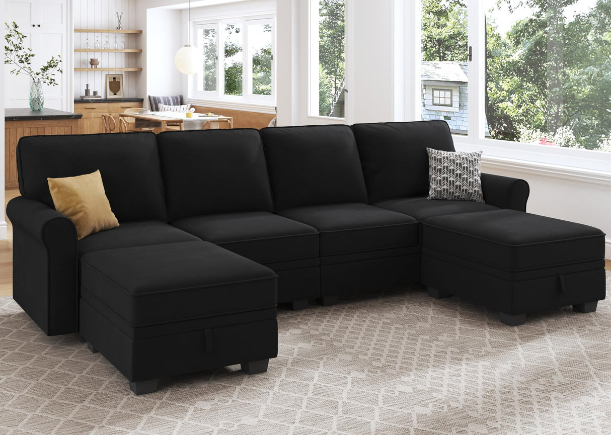 HONBAY Sectional Sofa with Storage Seat Velvet U Shaped Couch with Reversible Chaise Convertible Sectional Couches for Living Room,Black Velvet HONBAY