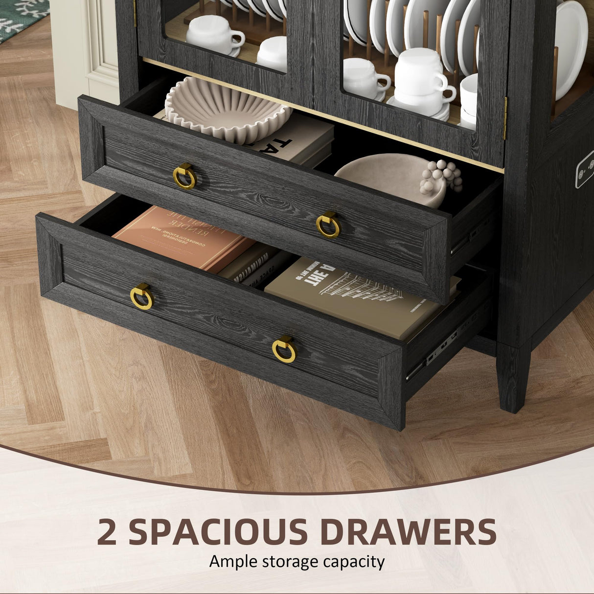 Vlsrka 71" Arched Curio Cabinet with Glass Doors, 4-Shelves Display Cabinet and 2 Drawers, Display Case with 3 Color Lights, Tall Bookcase, Kitchen Pantry, Black+Wood Vlsrka