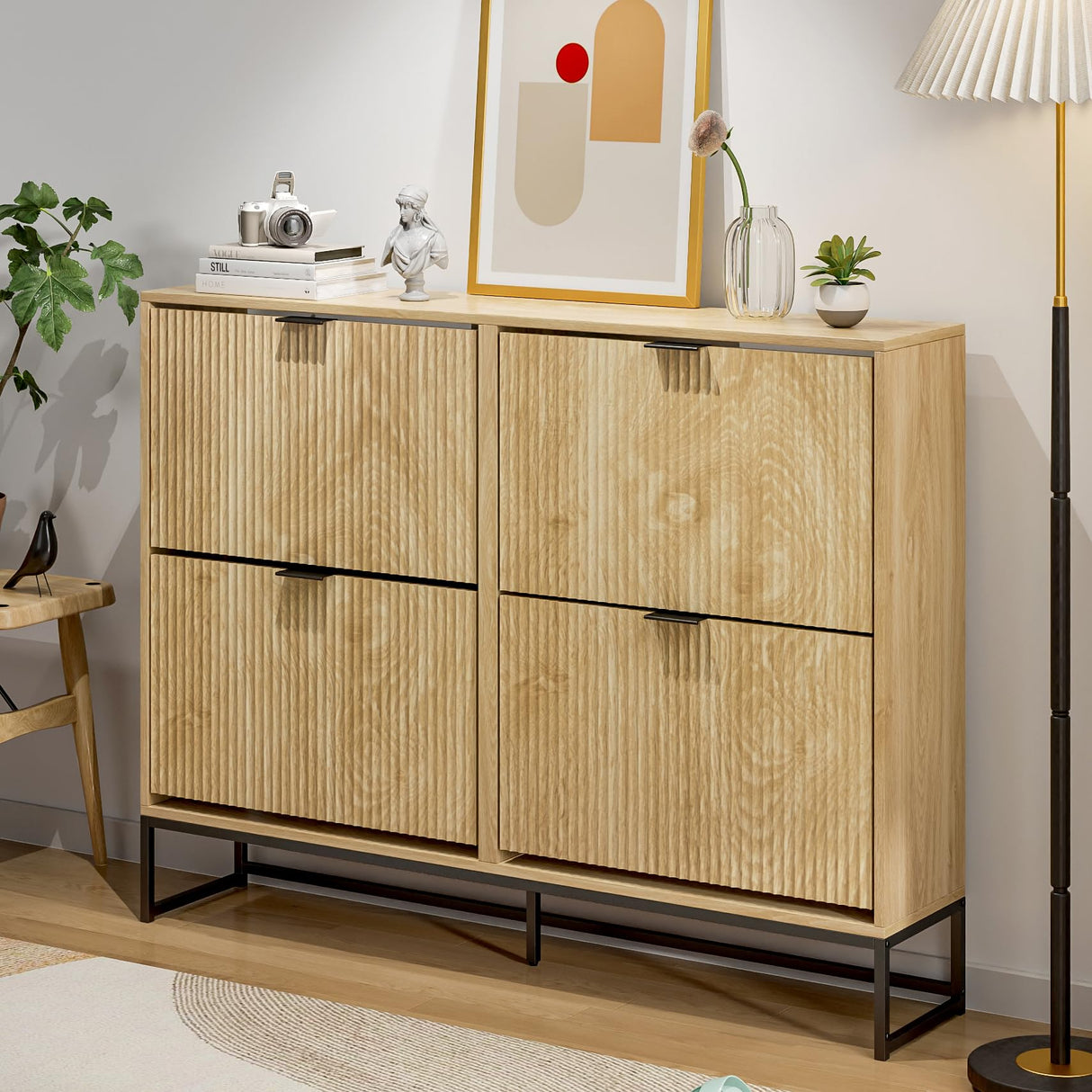 Jluomei Shoe Cabinet Storage for Entryway Slim Modern Shoe Rack Cabinet with 4 Flip Drawers Tipping Wooden Narrow Shoe Cabinet Freestanding Fluted Shoe Organizer for Living Room, Wood Jluomei