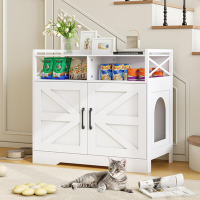 OtterOasis Cat Litter Box Enclosure, Ultra-Large Hidden Litter Box Furniture with Top Opening, Anti-Tipping Fence and 2 Open Drawers, Litter Box Cabinet End Table, White