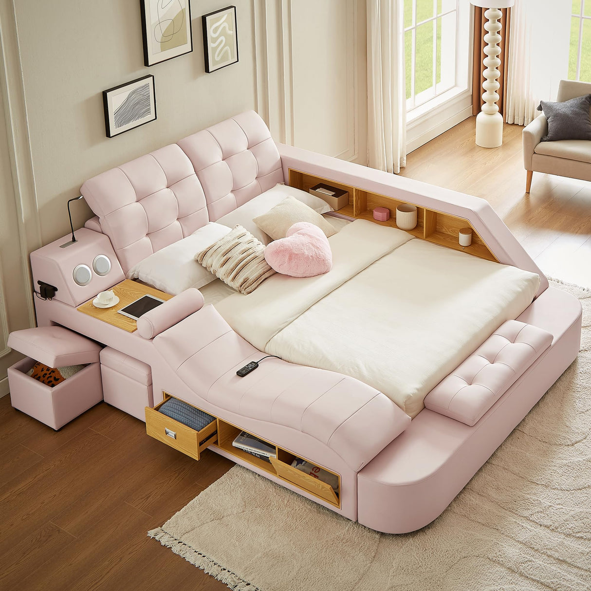 Modehodei Luxury King Size Bed Frame, Modern Multifunctional Bed with Massage Recliner | Bluetooth Speaker | USB Charging Station | Adjustable Headboard, PU Leather Fabric, Bedroom Furniture, Pink Modehodei