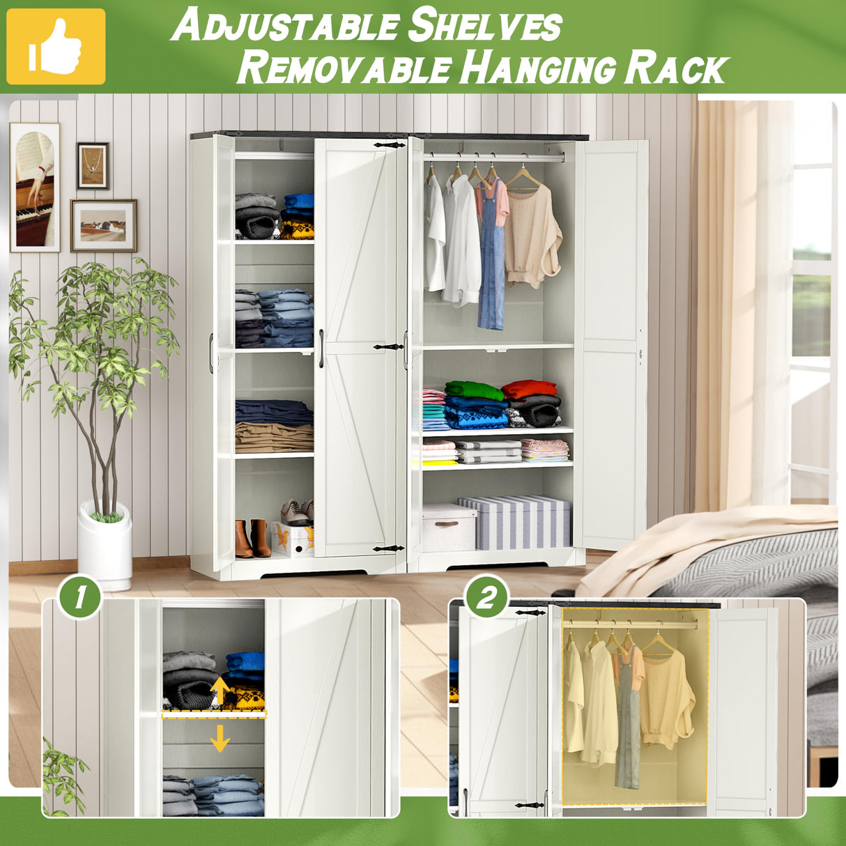 SPERTIKC Wardrobe Closet with Doors, 72" Armoire Wardrobe Cabinet, White Bedroom Storage Cabinet with Hanging Rod for Kitchen, Pantry SPERTIKC