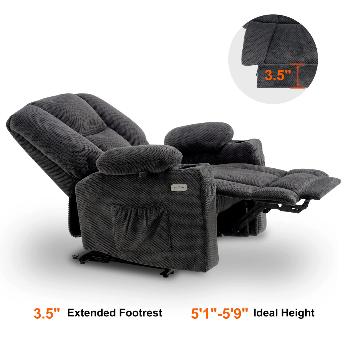 MCombo Fabric Electric Power Recliner Chair with Heat and Vibration, Cup Holders, USB Charge Ports, Extended Footrest, Cloth Powered Reclining for Living Room 8015(Grey) MCombo
