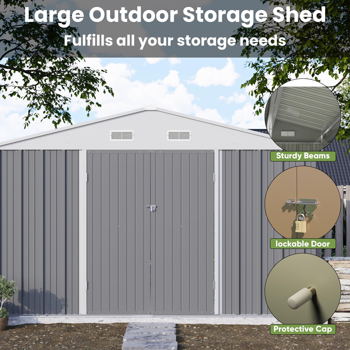 Patiowell 10' x 10' Metal Storage Shed for Outdoor, Steel Yard Shed with Design of Lockable Doors, Utility and Tool Storage for Garden, Backyard, Patio, Outside use, Grey Patiowell