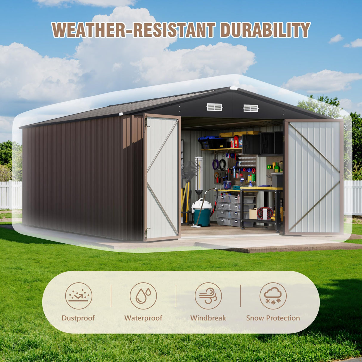Greesum 10×14 FT Outdoor Storage Shed, Metal Storaged Sheds Without Floor, Tool Sheds with Lockable Doors and Sloping Roof for Garden, Patio, Backyard, Brown Greesum