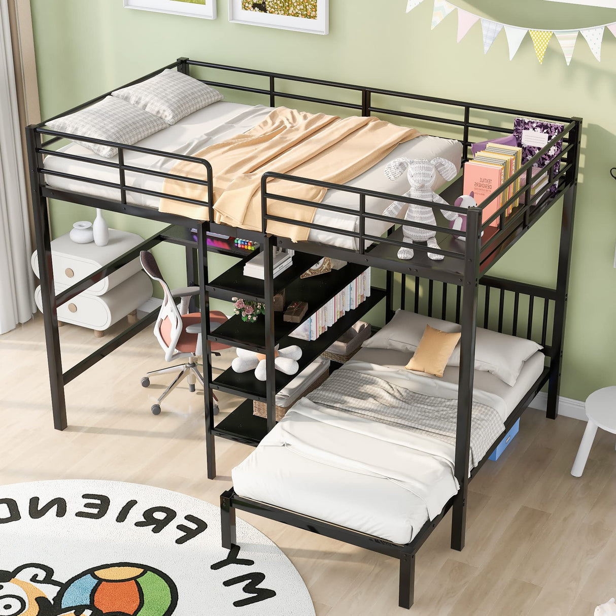Favfurish Full Over Twin Metal Bunk Bed with Built-in Desk and Storage Shelves, L-Shape Heavy-Duty Steel BedFrame w/Staircase & Safety Guardrail,for Bedroom Boys Girls Adults Favfurish