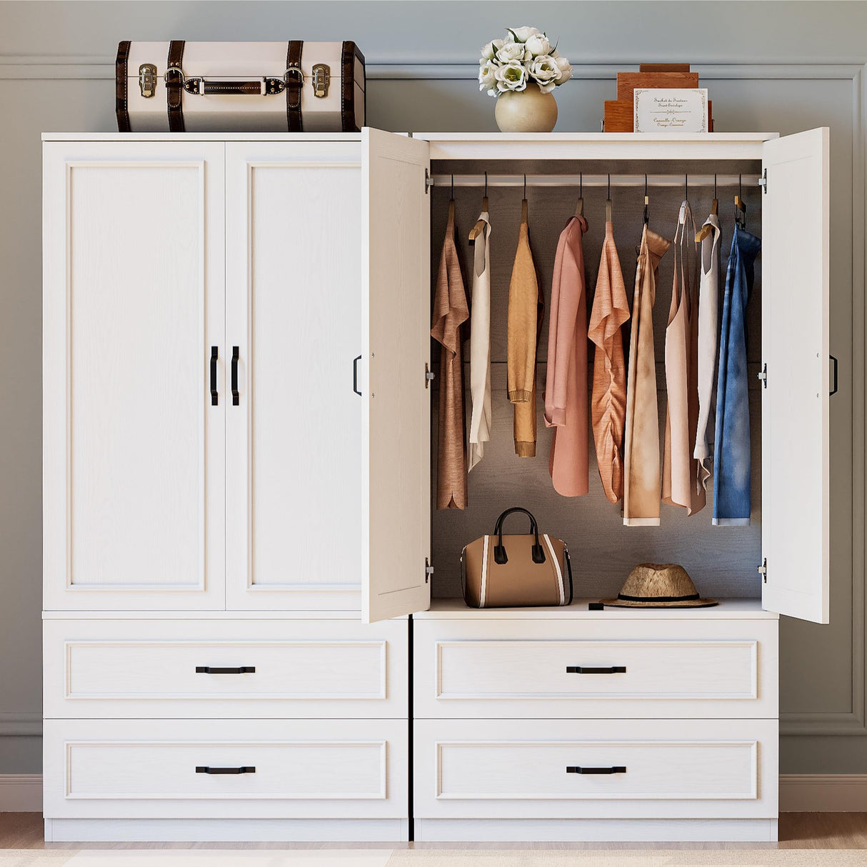 LIKIMIO Armoire Wardrobe Closet with 2 Doors and 2 Drawers 70" H x 36" W Wooden Bedroom Freestanding Wardrobe Combination for Hanging Clothes, White LIKIMIO