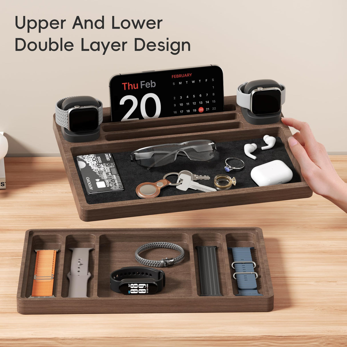 AFOOYO 2 Tier Wood Watch Band Organizer - Charger Stand Compatible with All Apple Watch Series and Stackable Bands Display Watches Storage Case Tray(Walnut) AFOOYO