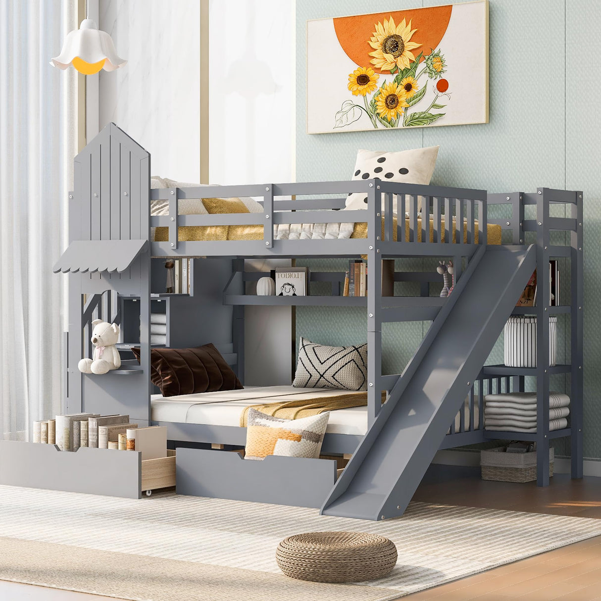 Harper & Bright Designs Full Over Full Bunk Bed with Slide and Stairs, Castle Style Bunk Beds with Storage Drawers and Shelves, Wooden Loft Bunk Bed Frame for Kids, Teens, Boys & Girls (Gray) Harper & Bright Designs