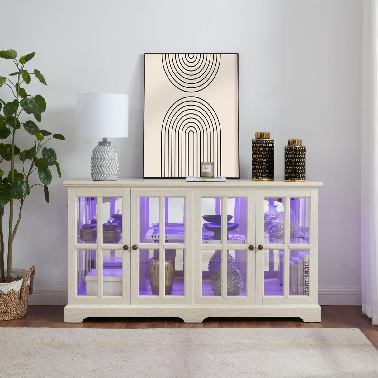 KEIKI Curio Cabinet, Lighted Glass Display Cabinet w/ 4 Glass Doors & Adjustable Shelves, Lighted Showcase with LED Light Strip, TV Stand, White KEIKI