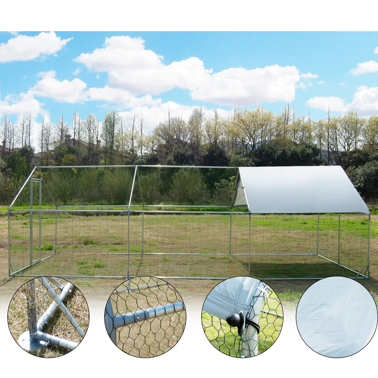 Large Metal Chicken Coop Walk-in Poultry Cage Hen Run House Habitat Spire Shaped Cage with Waterproof and Anti-Ultraviolet Cover for Outdoor Backyard Farm Use (19.68’ L×9.84’ W) Polar Aurora