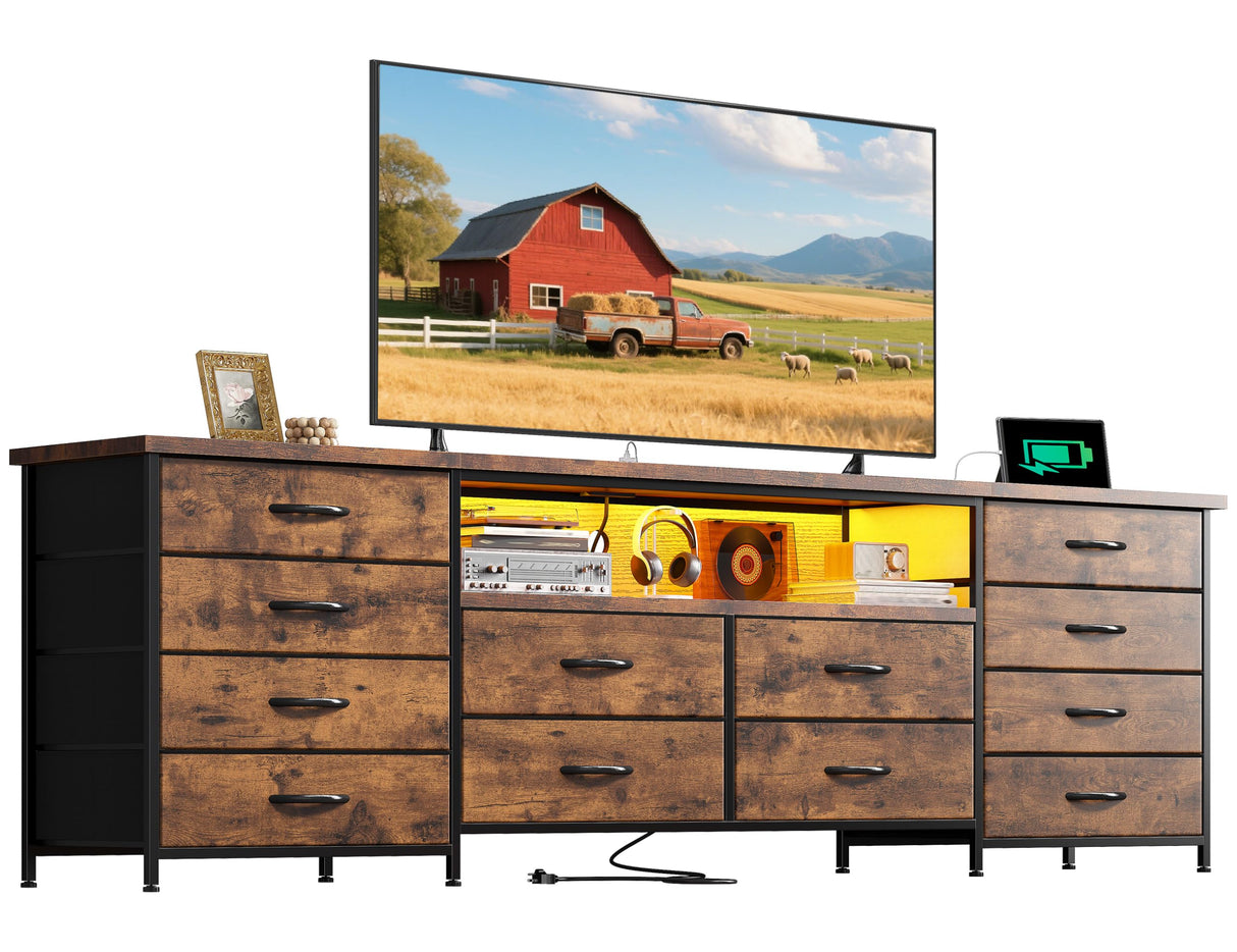 63" Long Dresser for Bedroom with 12 Fabric Drawers Entertainment Center with LED Lights & Power Outlets TV Stand for 70 Inch TV, Organizer for Bedroom, Rustic Brown Romorgniz