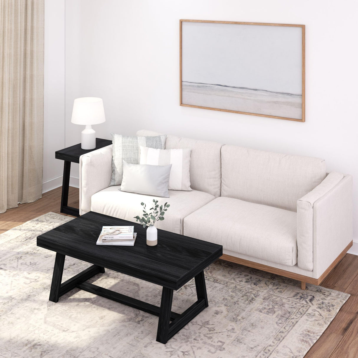 Plank+Beam Classic Rectangular Coffee Table, 48 Inch Farmhouse Coffee Table, Mini Center Tables for Small Spaces, Small Living Space Tea Table, Black Wirebrush Plank+Beam