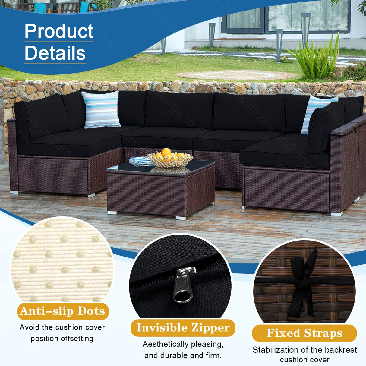 Rkufoze 14 PCs Patio Cushion Covers for 7 PCs Outdoor Furniture Sectional Seating Sets Water Resistant Plus 2 Throw Pillows (Black, 24.8(L)*24.8(W)*3.14(T) inches) Rkufoze