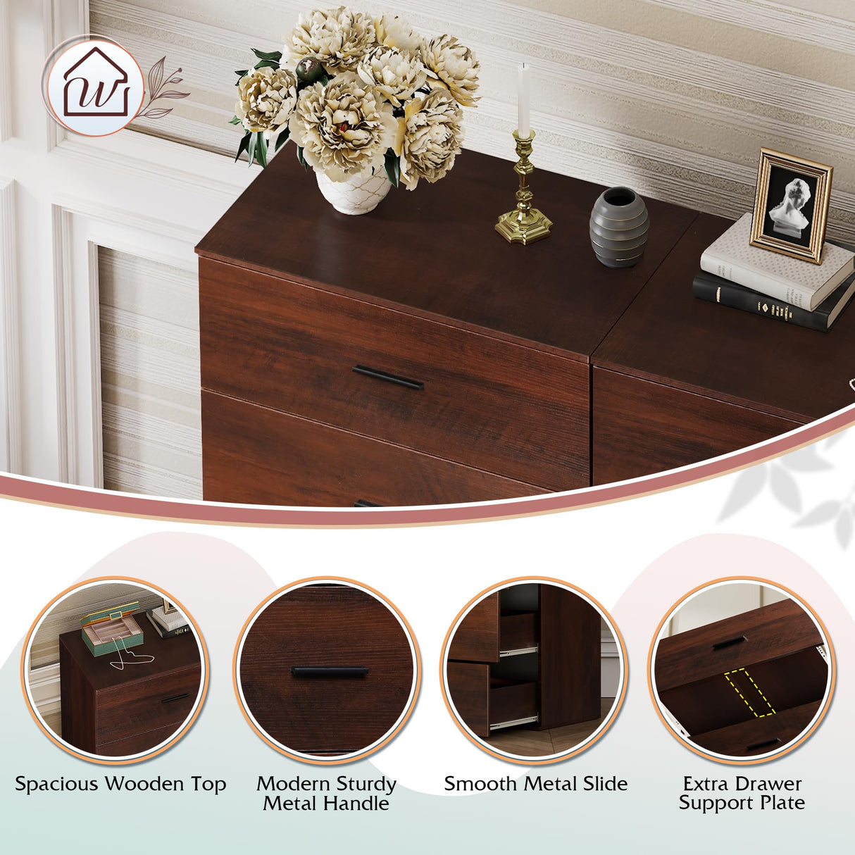 WLIVE Tall Dresser for Bedroom, Wood Chest of Drawers with Mental Handles, Brown Bedroom Dresser with 5 Drawers, Modern Minimalist Closet Store Organizer for Living Room, Hallway WLIVE