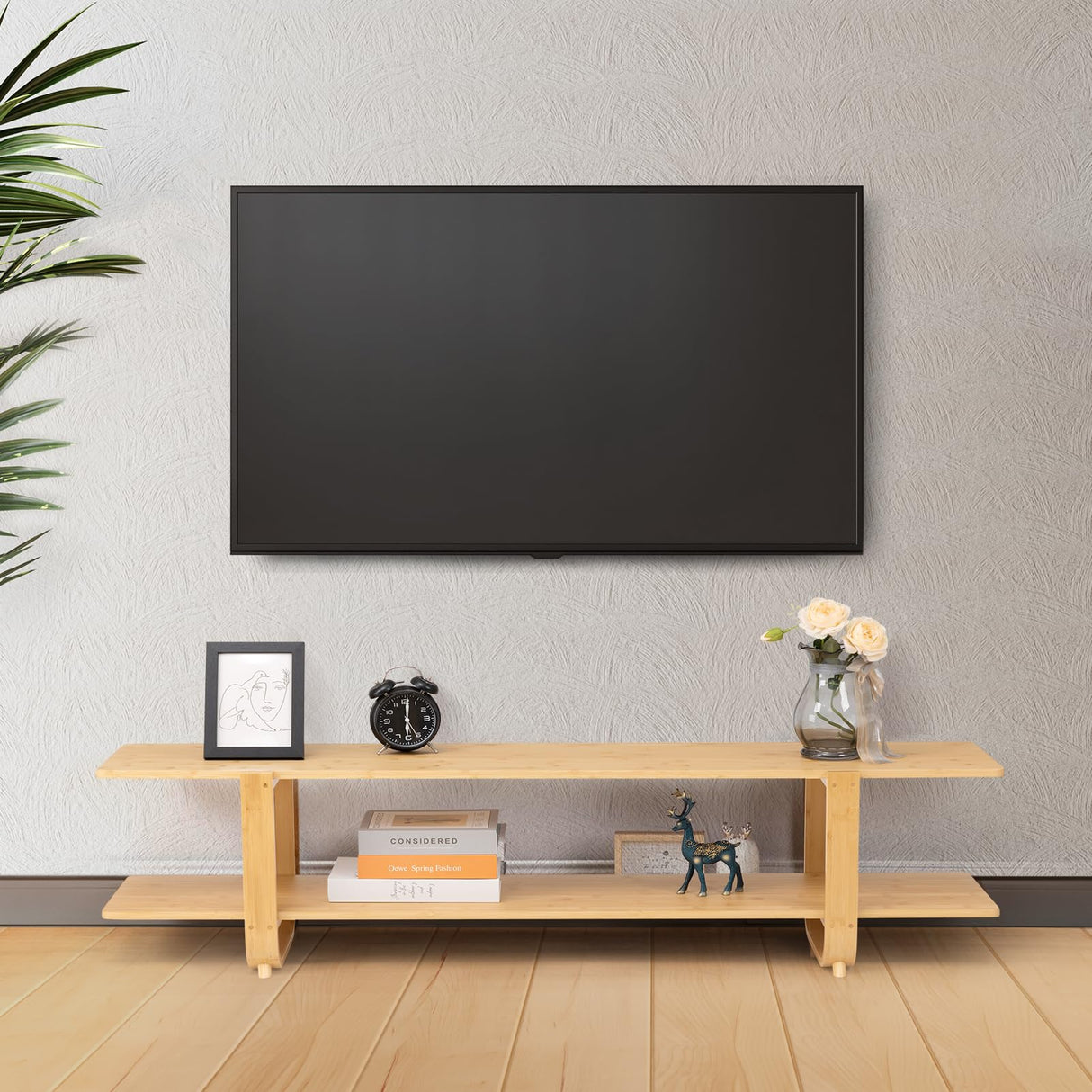 HollyHOME Bamboo TV Stand with Storage for TVs up to 65'', Modern Entertainment Center with 2 Open Shelf, Accent TV Media Console Table for Living Room, Bedroom, 55"(L), Burlywood HollyHOME