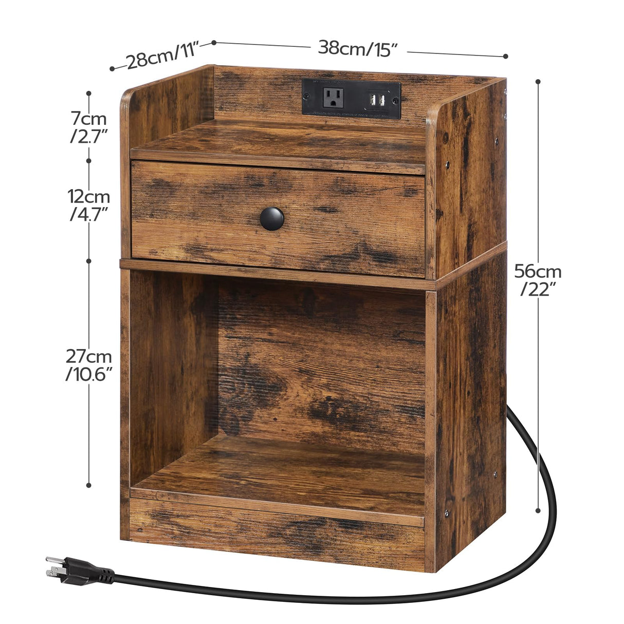 HOOBRO Nightstand with Charging Station, End Table with Drawer and Opening Shelf, Bedside Table with USB Ports and Outlets, Small Night Stand for Bedroom, Simple Style, Rustic Brown FG18UBZ01 HOOBRO