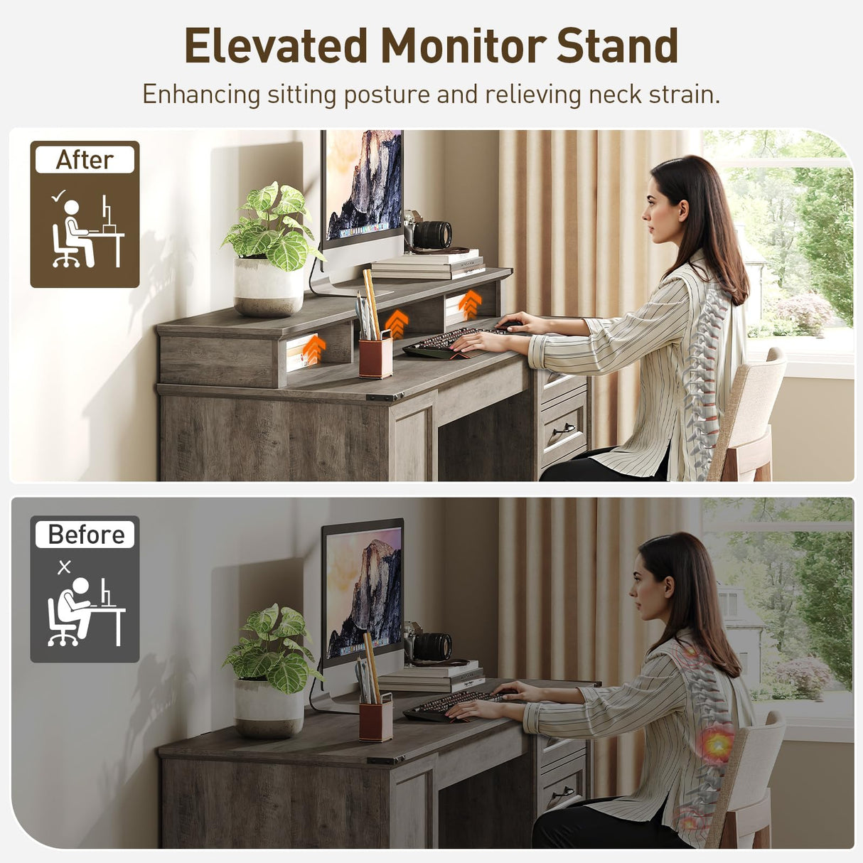 RALGEND 55'' Farmhouse Executive Desk with Drawers, Home Office Desk with File Cabinet and Storage Shelf, Charging Station, Computer Desk with Monitor Stand, Writing Gaming Desk, Greige RALGEND