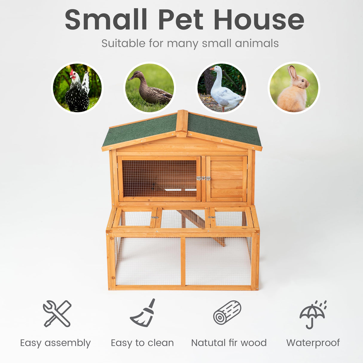 TAKUKA Outdoor Mobile Wooden Chicken Coop with Run, Small Animals Rabbit Hutch with Nest Box, 2 Story Duck Cage Hutch with Weatherproof for Backyard (43W*38D*39H) TAKUKA