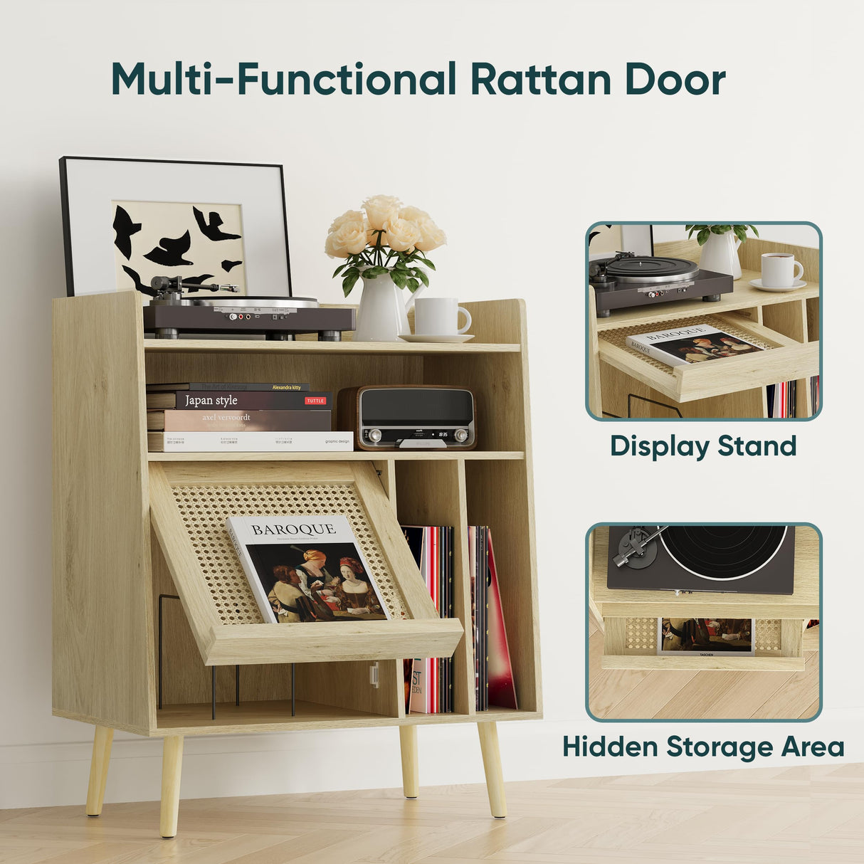 Semiocthome Record Player Stand with Vinyl Storage, Record Player Table with Storage Shelf, Turntable Stand with Rattan Cabinet Door, Side Table with Solid Wood Legs for Turntables for Living Room Semiocthome