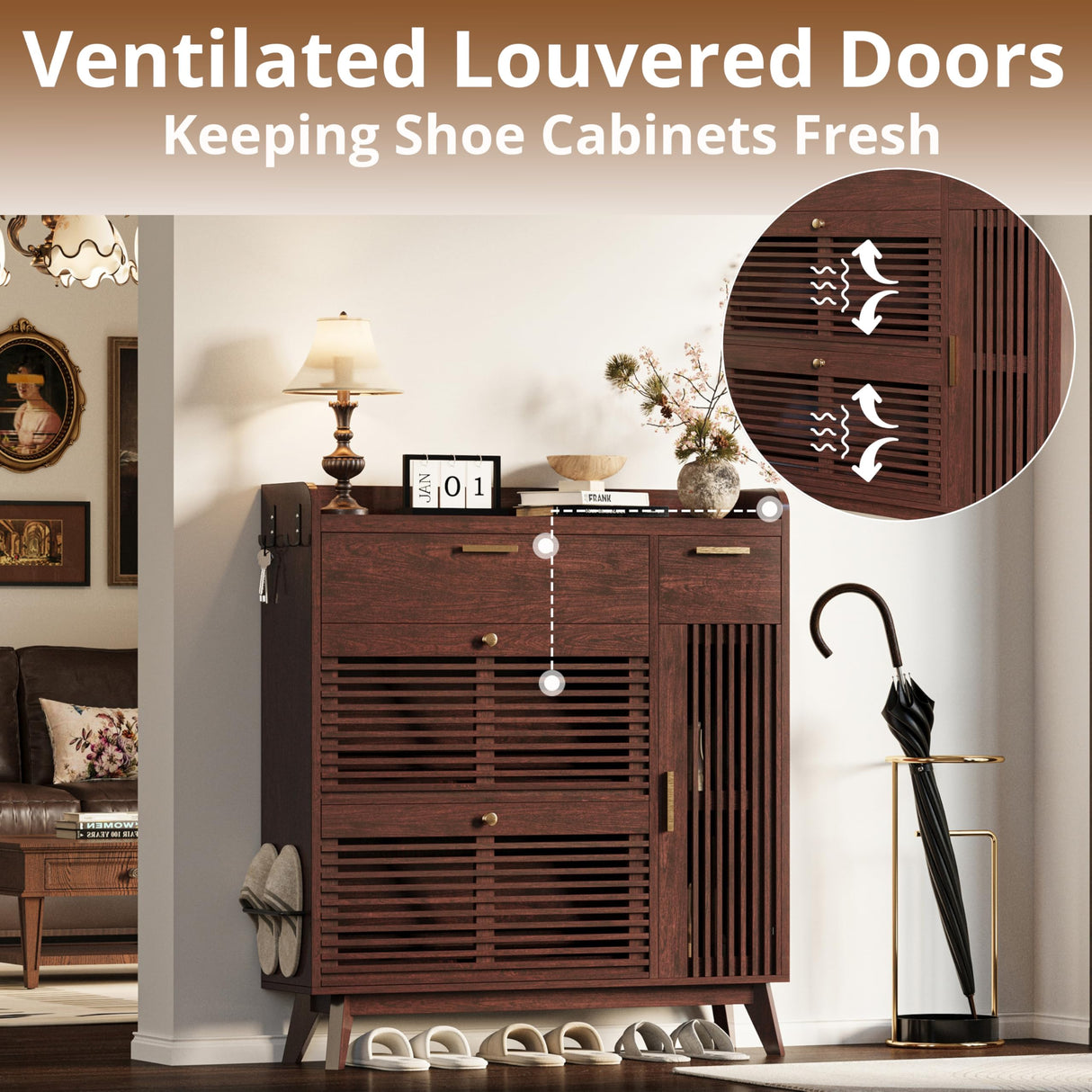 IRONCK Shoe Cabinet, Mid Century Shoe Storage with 2 Flip Drawers & Grille Doors Design, Shoe Rack Cabinet with Hooks and Side Cabinet, Shoe Organizer for Entryway, Natural Red Walnut IRONCK