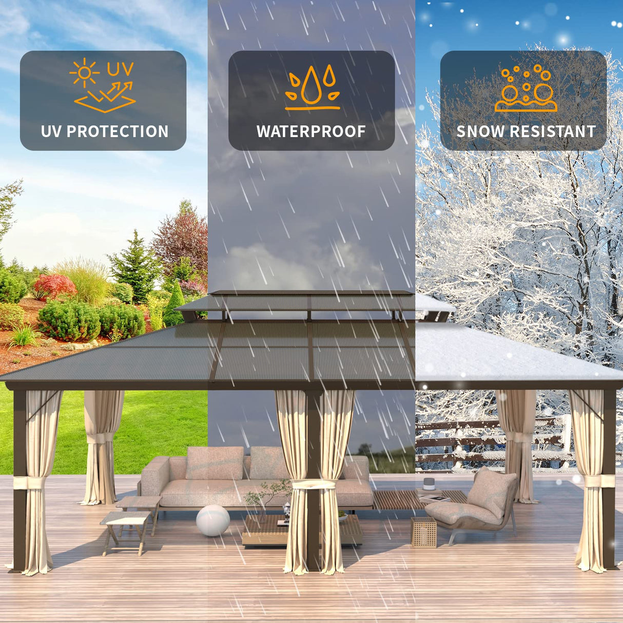 YOLENY 12'x20' Hardtop Gazebo, Outdoor Polycarbonate Double Roof Canopy, Aluminum Frame Permanent Pavilion with Curtains and Netting, Sunshade for Garden, Patio, Lawns YOLENY