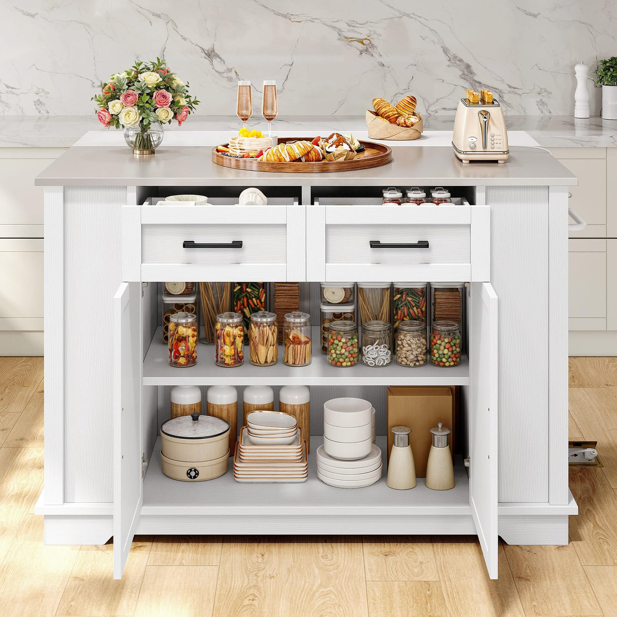 YITAHOME Kitchen Island with Stainless Steel Top & Drop Leaf, 47 Inch Kitchen Island on Wheels with Power Outlet, Rolling Portable Mobile Kitchen Cart w Storage Drawer Cabinet Counter Metal Top, White YITAHOME