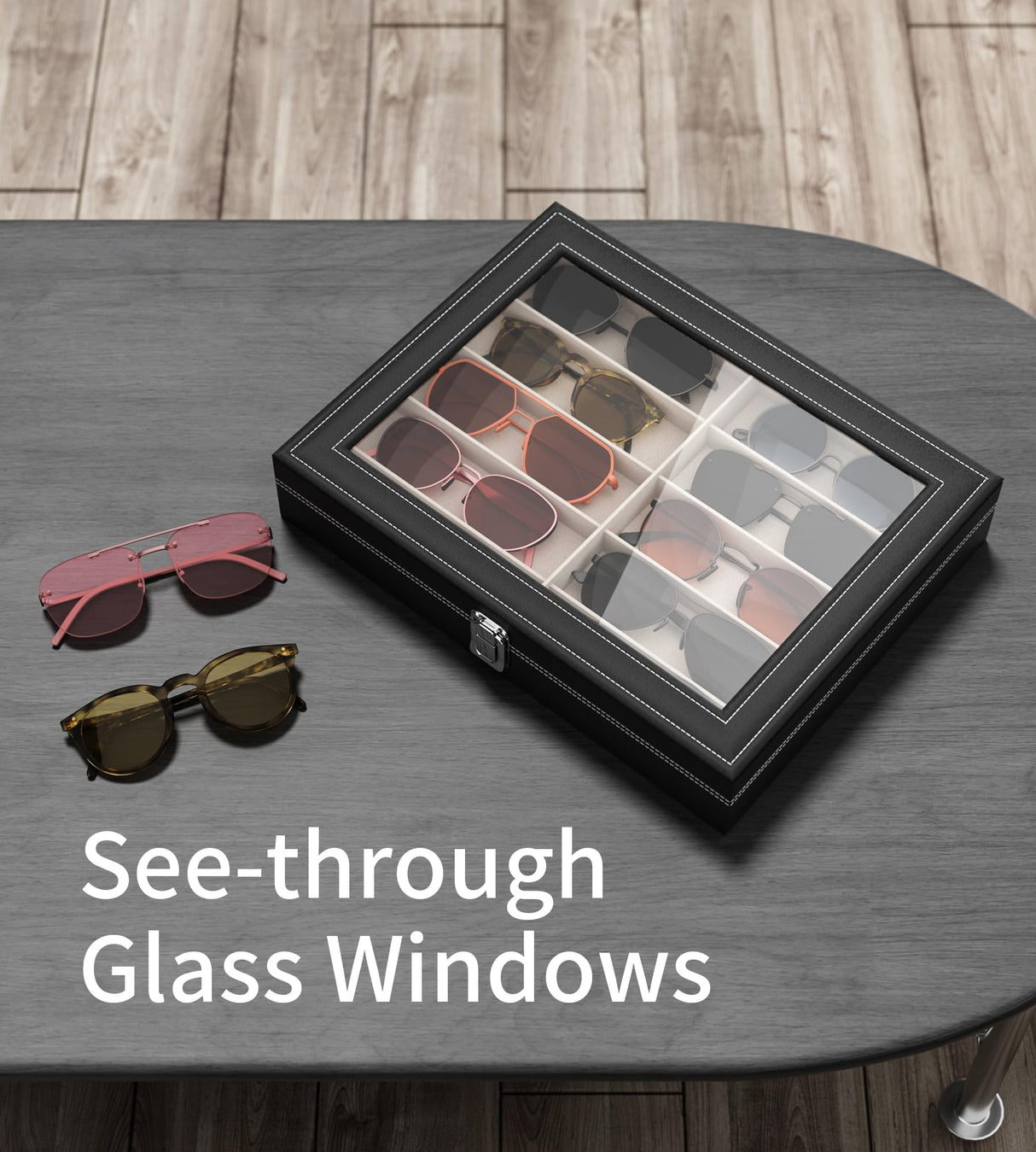 NEWLOOP Sunglass Organizer for Women Men - Multiple Pair of Sunglasses Storage Box Eye Glass Watch Leather Display Case with 10 Slots Black NEWLOOP