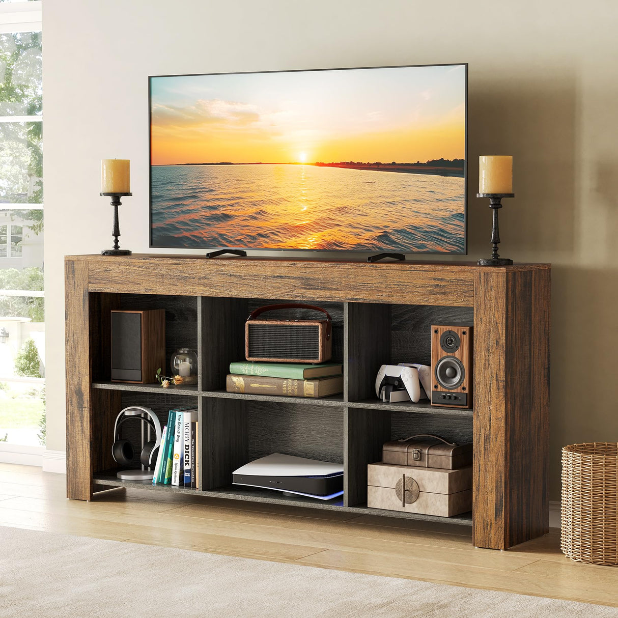 LITTLE TREE Console Table with Storage, 63-Inch Narrow Long Sofa Table, Entryway Table with 6 Cubes, Farmhouse Storage Shelves for Entryway, Living Room LITTLE TREE